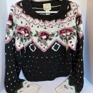 Vintage Paris Sport Club Floral Knit Sweater Black Pink White Size M